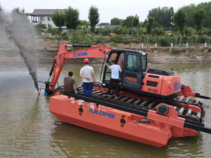 Pontoons Equipped Amphibious Excavator Working in Lake River