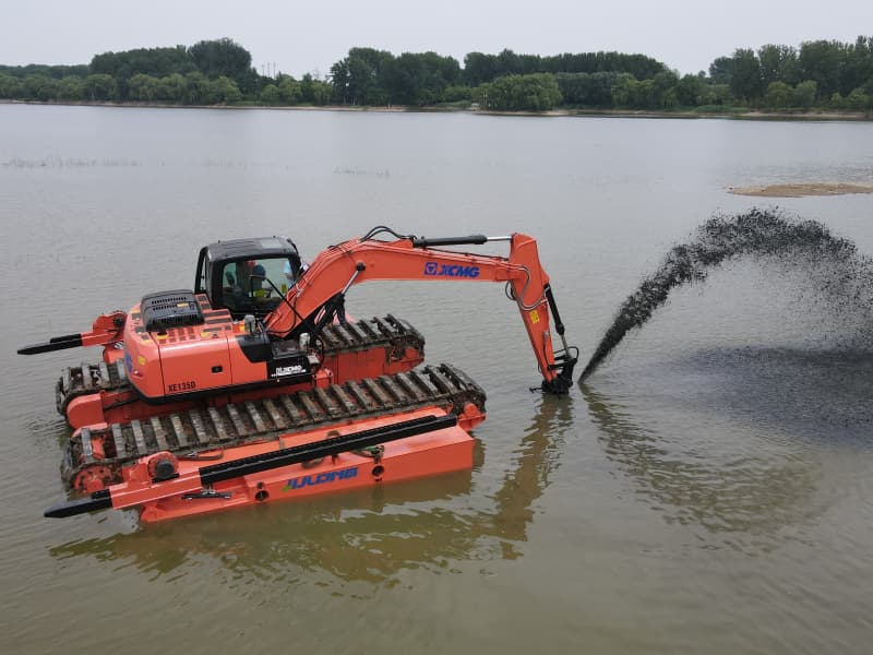 Pontoons Equipped Amphibious Excavator Working in Lake River